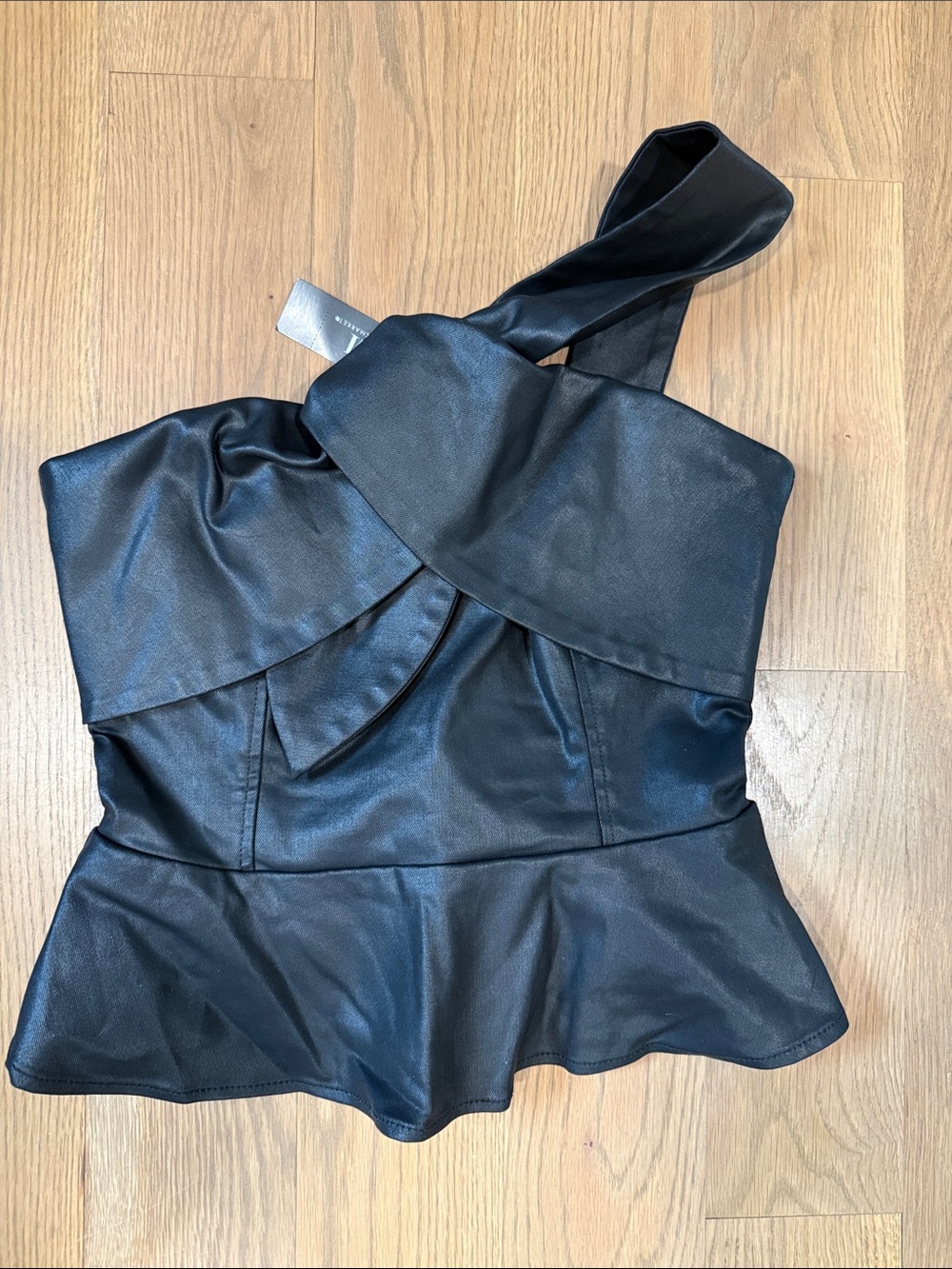 Black Faux Leather One-Shoulder Peplum Top